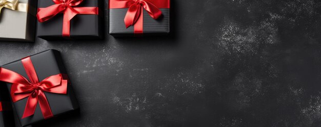 Black Friday Vue de dessus des boîtes de Noël avec ruban sur fond noir avec espace de copie ai génératif