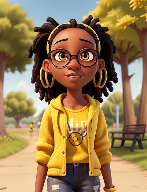 Photo black girl with dreads hair with big earrings with headphones with yellow glasses in the park 3d