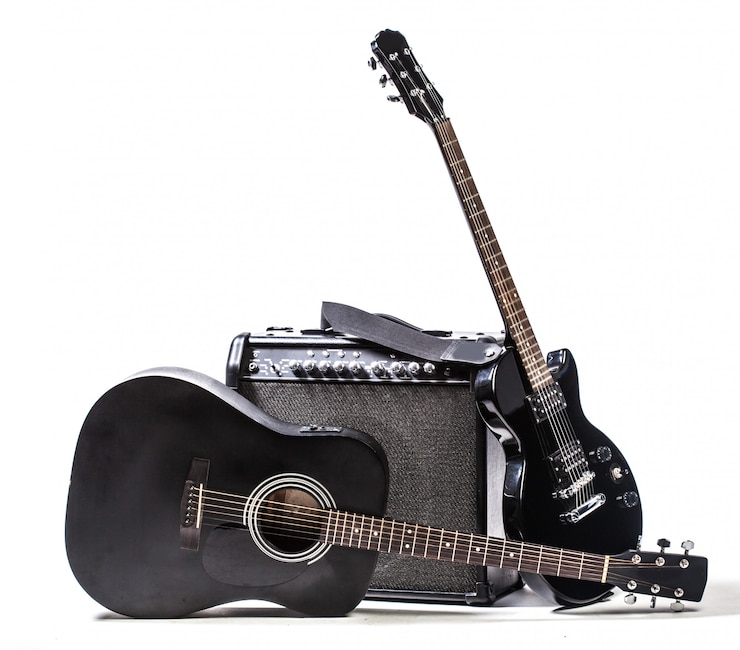 Photo black guitare électro nad guitare acoustique isolé sur blanc