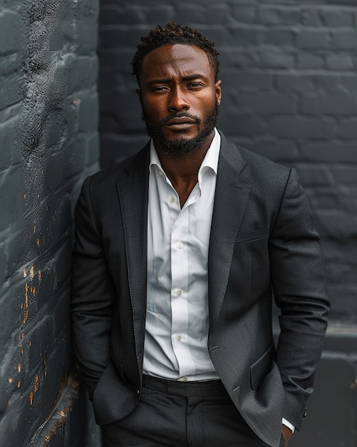 Photo a black man in tailored suit standing against background