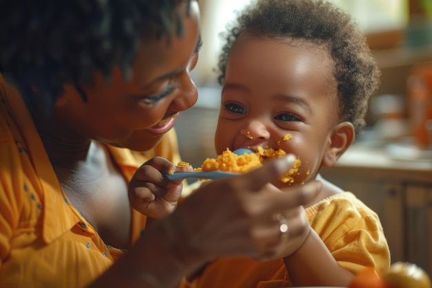 Photo black mother weaning toddler with love and care