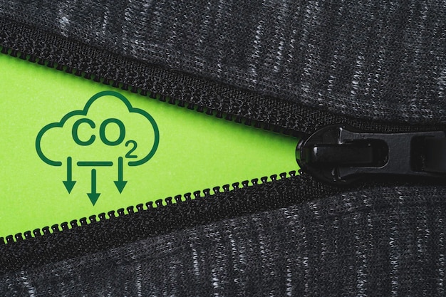 Black Zip pour ouvrir l'icône de réduction de CO2 sur fond vert pour réduire l'empreinte carbone CO2 et le crédit carbone pour limiter le réchauffement climatique dû au changement climatique et au concept du protocole de Kyoto