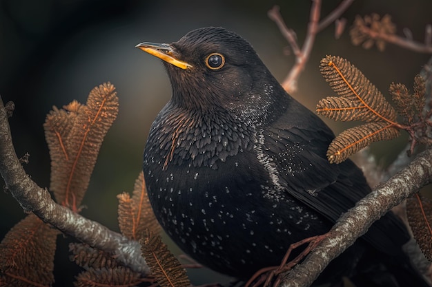 Blackbird de près sur une branche d'arbre