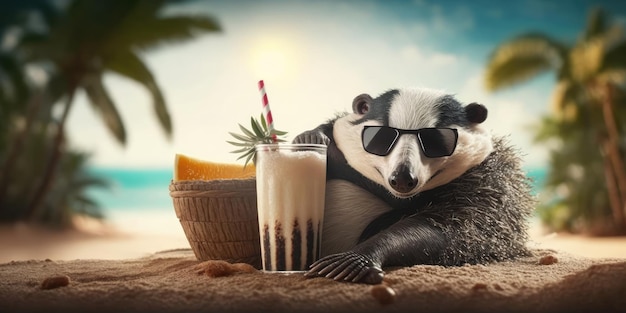 Le blaireau est en vacances d'été dans une station balnéaire et se détend sur la plage d'été