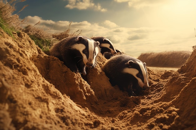 Des blaireaux sortant de leurs terriers.