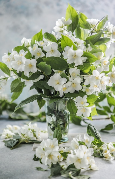 Blanc avec bouquet de fleurs de jasmin sur fond bleu Fleurs de printemps