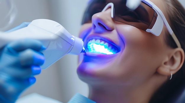 Photo blanchiment des dents une jeune femme se fait blanchir les dents avec une lumière bleue