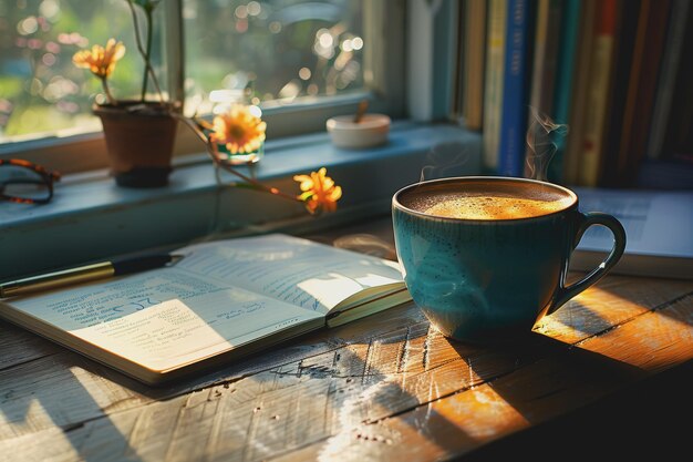 Photo blank un cahier blanc avec un crayon et du café dans une tasse à côté de lui sur une table en bois ou un fond