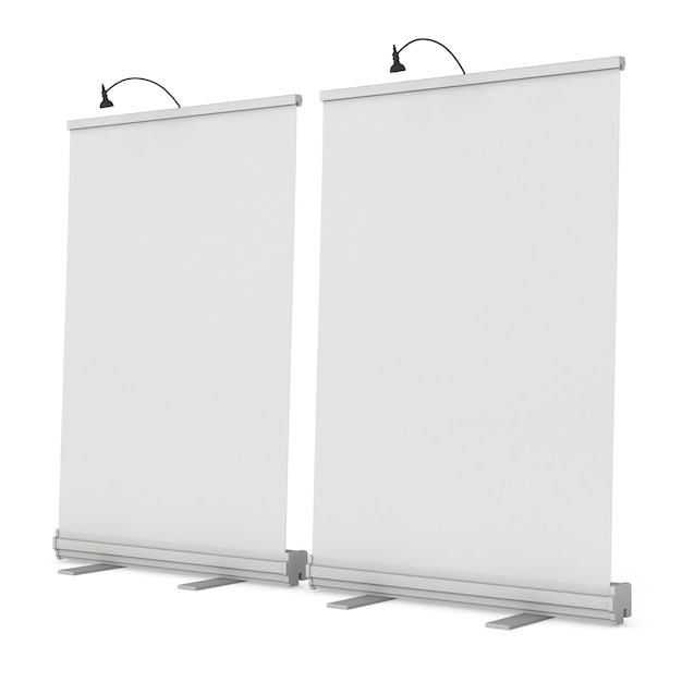 Photo blank roll up banner stand stand de salon blanc et blanc rendu 3d isolé sur blanc
