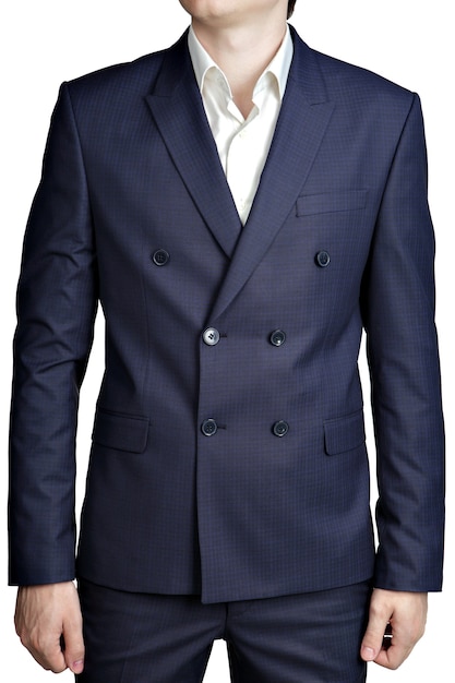 Photo blazer homme à double boutonnage avec un petit motif à carreaux bleu marine, isolé sur fond blanc.