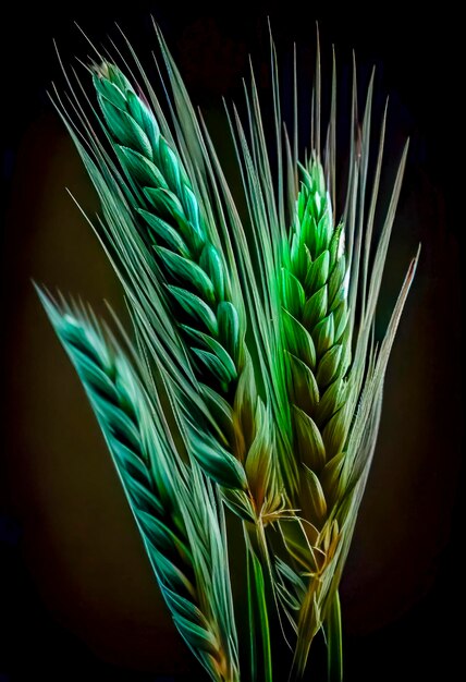 Le blé vert est montré dans une pièce sombre.