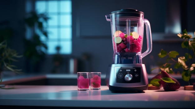 Blender sur le comptoir plein de fruits