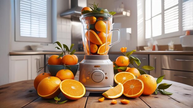 Photo blender et orange sur la table en bois dans la cuisine vous rendre frais le concept d'une alimentation saine