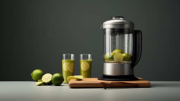 Blender et verre de jus avec du citron vert sur fond gris