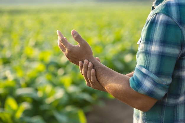 Blessures ou maladies pouvant survenir aux agriculteurs pendant le travail L'homme utilise sa main pour se couvrir le poignet à cause d'une douleur ou d'un malaise