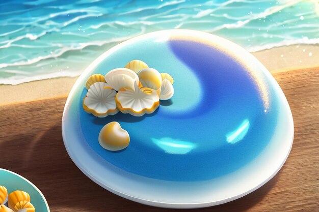 Bleu mer jaune plage paysage naturel fond assiette de fruits décoration papier peint illustration