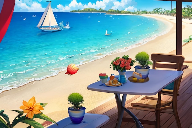 Bleu mer jaune plage paysage naturel fond assiette de fruits décoration papier peint illustration