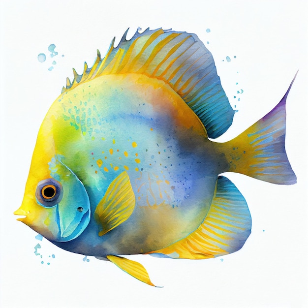 Bleu mignon avec illustration aquarelle de poisson tropical jaune