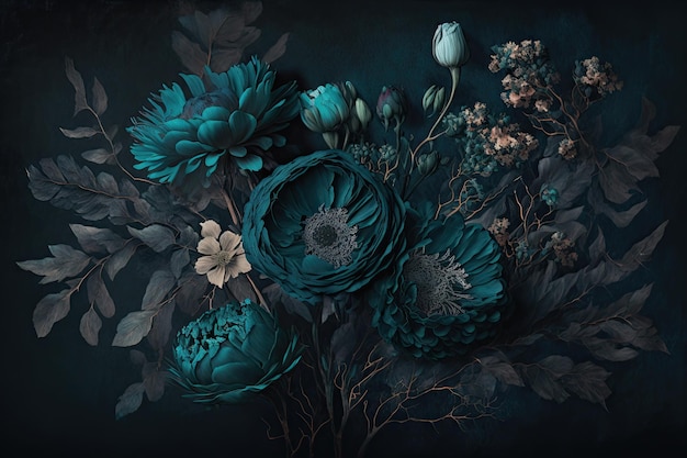 Bleu sarcelle subtilement texturé fleurs peintes sombre fond sombre AI générative AIG15