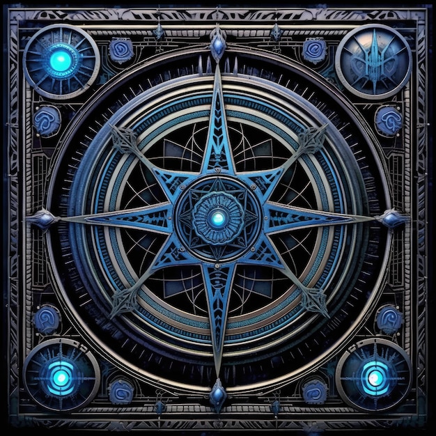 bleu zodiaque tarot boussole élémental illustration art tatouage conception métal astrologie modèle
