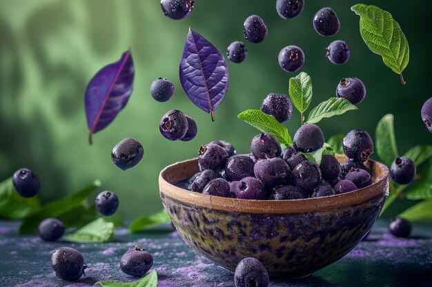 Des bleuets biologiques frais dans un bol de bois rustique avec des feuilles tombant sur un fond vert vibrant