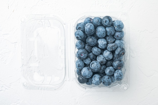 Les bleuets, dans un bac en plastique transparent, sur fond blanc, vue de dessus à plat