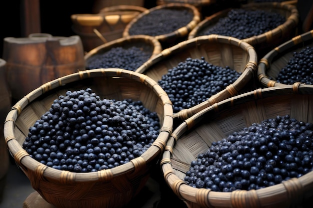 Des bleuets dans de grands paniers en osier