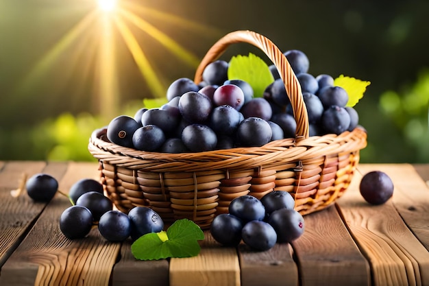 des bleuets dans un panier sur une table en bois