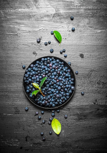 Bleuets dans une vieille assiette de feuilles. Sur un fond en bois noir.