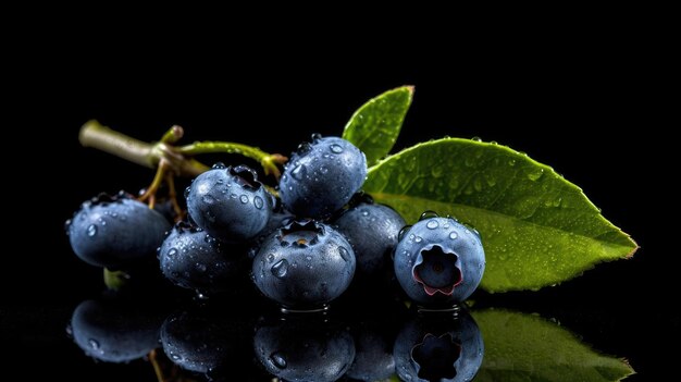 Bleuets sur fond noir avec une feuille verte