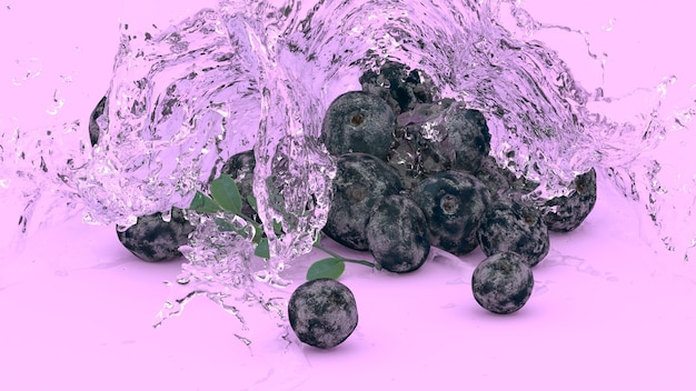 Bleuets sur fond violet dans des éclaboussures d'eau, illustration 3d