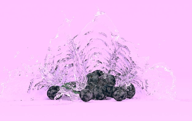 Bleuets sur fond violet dans des éclaboussures d'eau, illustration 3d