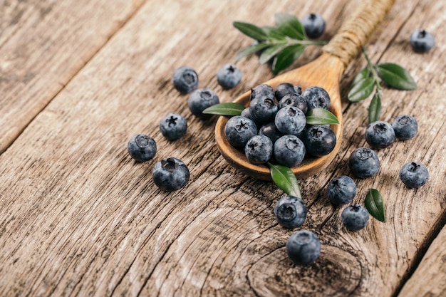 Bleuets frais dans une cuillère en bois sur fond de bois