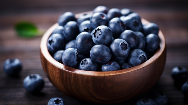 Des bleuets frais avec des gouttes d'eau dans un bol en bois Vue d'en haut Concept d'ai génératif sain