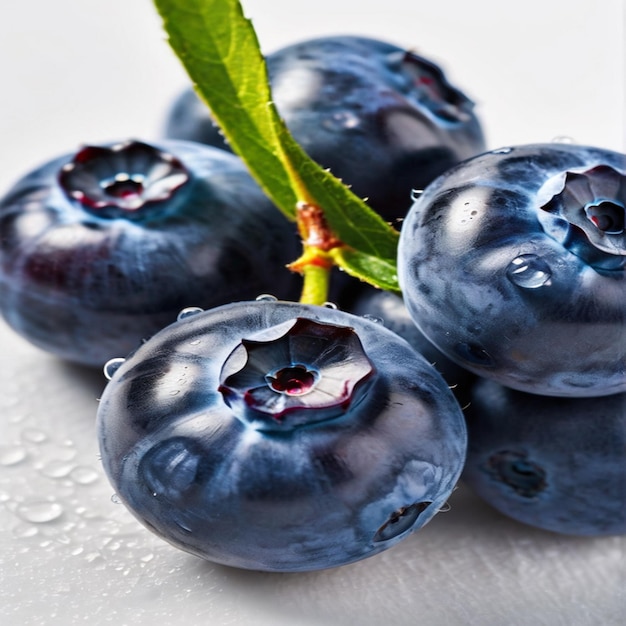 Des bleuets frais avec des gouttes d'eau sur un fond blanc en gros plan