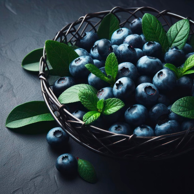 Les bleuets frais mûrs, les fruits exotiques, les fruits biologiques sains, le concept d'aliments solides, le fond sombre, le génératif.
