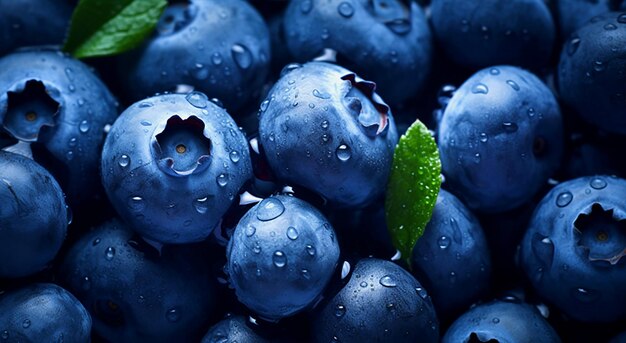 Des bleuets avec des gouttes d'eau sur un fond de feuilles vertes