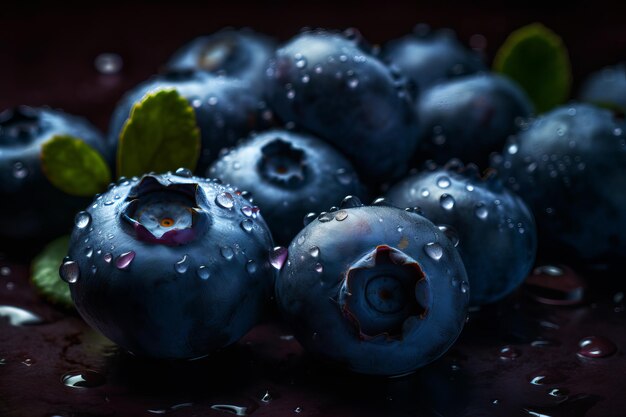 Bleuets avec des gouttes d'eau sur un fond sombre