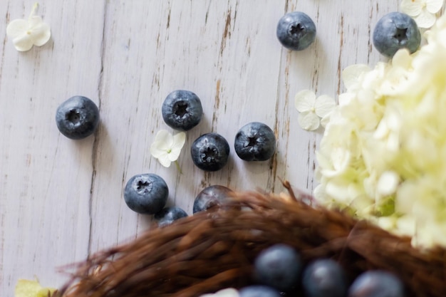 Bleuets mûrs Les bleuets sont dans un panier de vigne avec des fleurs d'hortensia à proximité