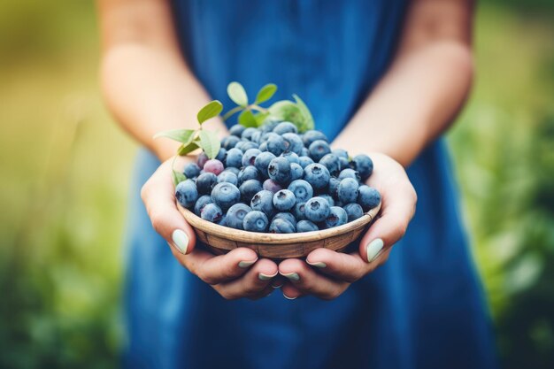 Photo des bleuets mûrs dans les mains d'une femme sur le fond d'un jardin vert ensoleillé