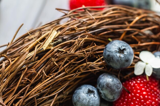 Les bleuets mûrs et les framboises tibétaines se trouvent dans un panier de vignes