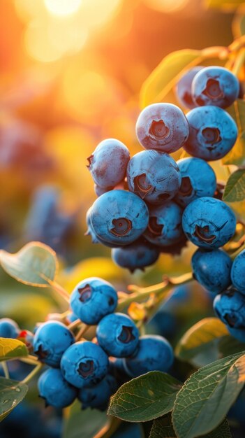 Des bleuets poussent sur un arbre avec le soleil en arrière-plan