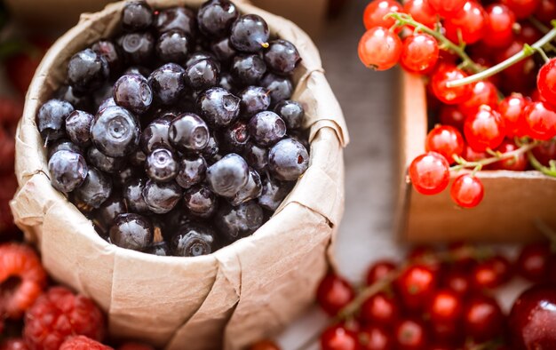 Bleuets et raisins frais dans des paniers