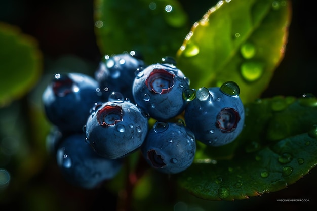 Les bleuets sont sur une feuille verte avec le mot bleu sur le côté.