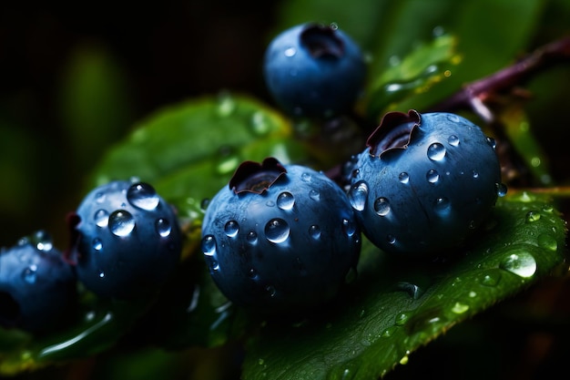 Les bleuets sont sur une feuille verte avec le mot bleu sur le côté