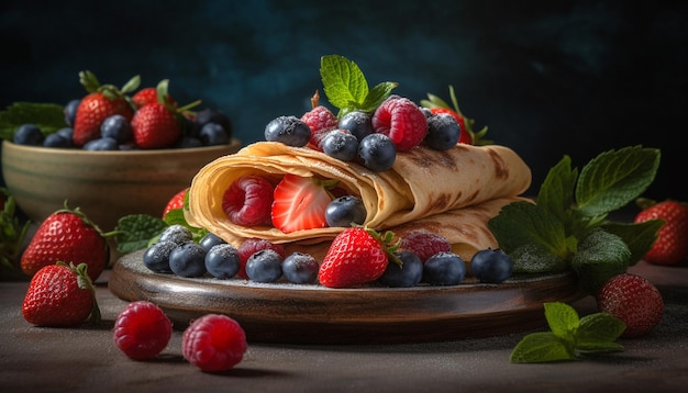 Blinis rustique aux myrtilles avec garniture à la menthe fraîche générée par IA