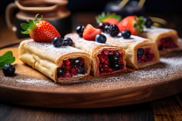 Blints végétaliens remplis de fruits sur planche de bois