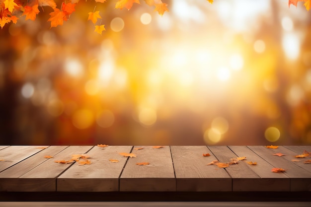 Bliss d'automne : table en bois avec vue floue.