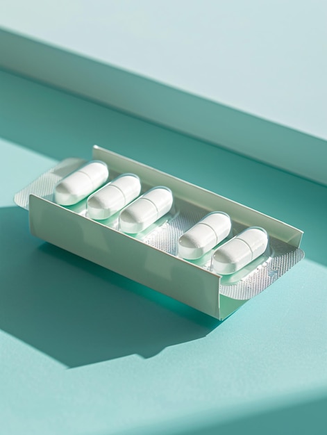 Blister de pilules blanches sur un fond bleu pastel avec des ombres concept de soins de santé et de médecine