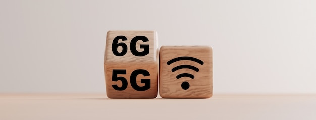 Bloc de bois passant de 5G à 6G, concept de transformation technologique par rendu 3d.